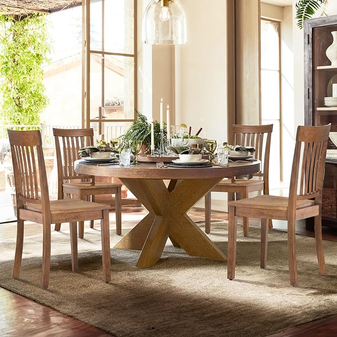 COLAMY Wooden Dining Chairs Set of 6, Solid Rubberwood Kitchen & Dining Room Chairs, Farmhouse Rustic Side Chairs for Dining Table, Anti-Slip Protection, Classic Windsor Style Seating, Oak Light Brown