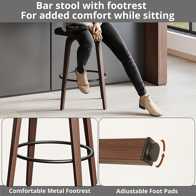 IRONCK Counter Height Bar Stools Set of 2, 29'' Faux Leather Upholstered Barstools with Back, Footrest, Wood Texture Bent Legs, Mid-Century Modern 360° Swivel Bar Stools for Kitchen Island, Black