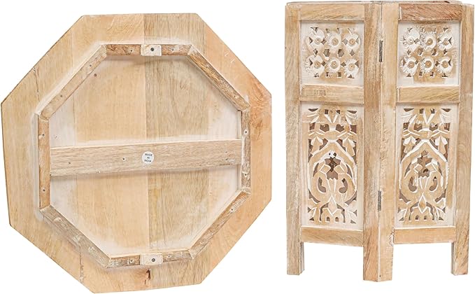 The Wooden Town Side Tables– Hand Carved Vintage Boho Folding End Tables for Living Room, Entryway, Living Room, Bedroom – No Tools Assembly, 18"x18" Octagon, White wash Finish