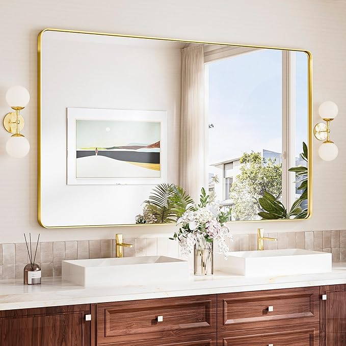 TokeShimi Brushed Gold Vanity Mirror 60x36,Bathroom Mirror Framed Aluminum,Tempered Glass,Rectangle Mirror for Bathroom,Shatterproof Bathroom Wall Mirror(Horizontal/Vertical)