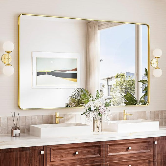 TokeShimi Brushed Gold Vanity Mirror 60x36,Bathroom Mirror Framed Aluminum,Tempered Glass,Rectangle Mirror for Bathroom,Shatterproof Bathroom Wall Mirror(Horizontal/Vertical)