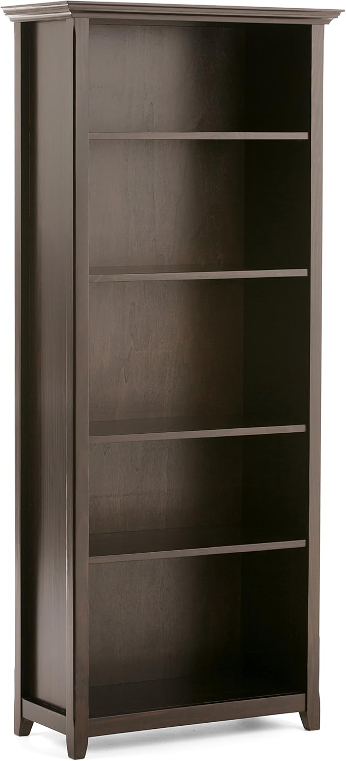 SIMPLIHOME Amherst Bookcase - 70 inch Tall 5-Shelf Solid Wood Bookshelf in Hickory Brown, Transitional Storage for Living Room, Study Room or Office with Adjustable Shelves and Tapered Legs