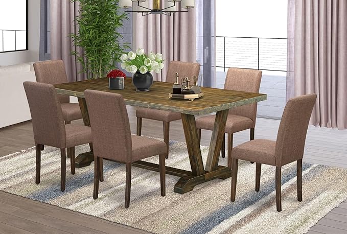 East West Furniture V777AB747-7 7 Piece Dinette Set Consist of a Rectangle Dining Table with V-Legs and 6 Light Sable Linen Fabric Parson Dining Room Chairs, 40x72 Inch, Multi-Color