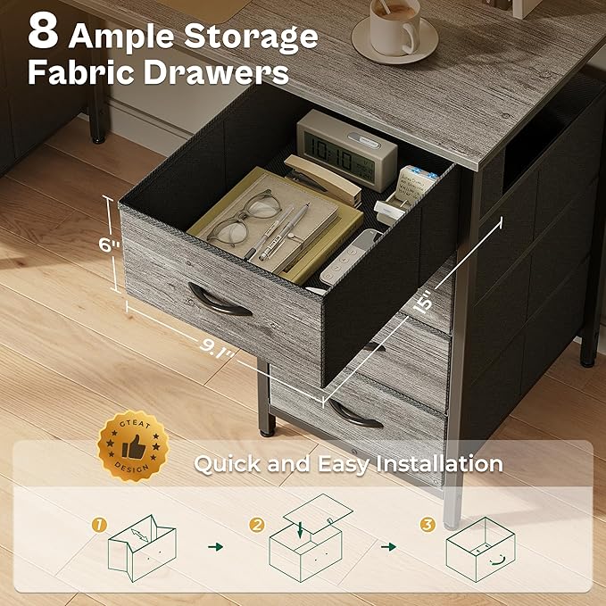 Huuger 47 Inch Computer Desk with 8 Fabric Drawers, Office Desk Work Desk for Home Office, Study, Gaming Desk with Drawers, Large Storage, Grey