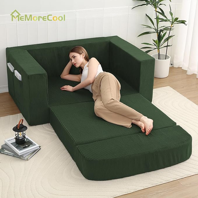 MeMoreCool Cozy Small-Space Convertible Loveseat to Guest Bed – Boneless Corduroy Floor Couch with High-Density Foam, Removable Washable Cover, No-Assembly Fold-Out Sofa