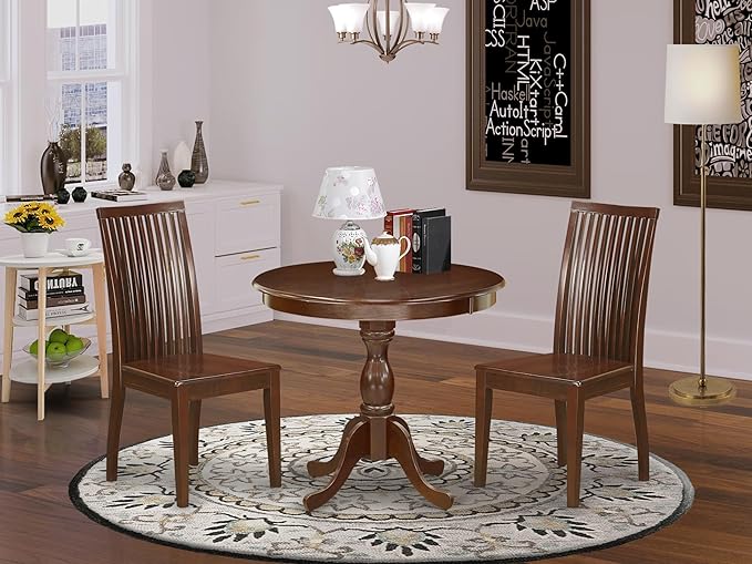 East West Furniture AMIP3-MAH-W 3 Piece Dining Table Set for Small Spaces Contains a Round Kitchen Table with Pedestal and 2 Kitchen Dining Chairs, 36x36 Inch, Mahogany