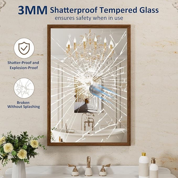 WEER Walnut Bathroom Mirror 24x36 Inch, Walnut Wood Grain Framed Mirror, Rectangle Wall Mounted Bathroom Vanity Mirror with Tempered Glass, Hangs Vertically or Horizontally, Anti-Rust