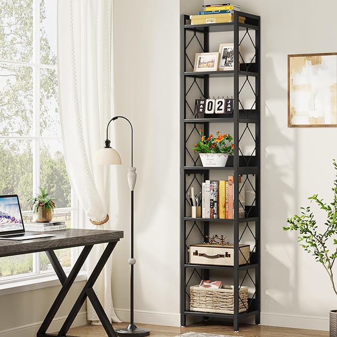 Tribesigns 78.7 Inch Extra Tall Narrow Bookshelf, 7 Tier Skinny Bookcase for Small Spaces, Freestanding Display Shelves, Multifunctional Corner Storage Organizer for Home Office, Black