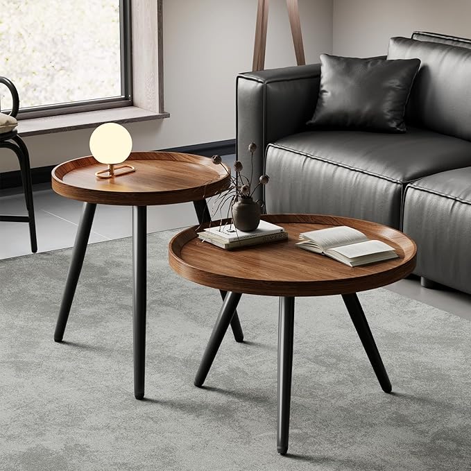 Small Round Coffee Table Set of 2, Walnut Coffee Tables for Living Room, Mid Century Modern Nesting Coffee Table, Wood Circle Center Tables, Black Wooden Side End Table, mesa de Centro para sala