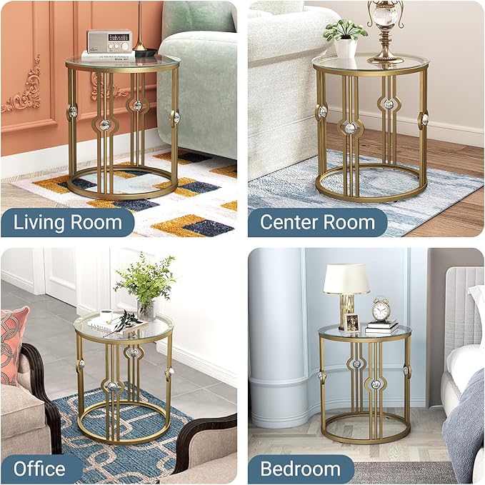 OIOG Glass Side Table Set of 2, Living Room End Table with Tempered Glass & Metal Frame, Gold Side Table for Bedroom Office, 2 PC