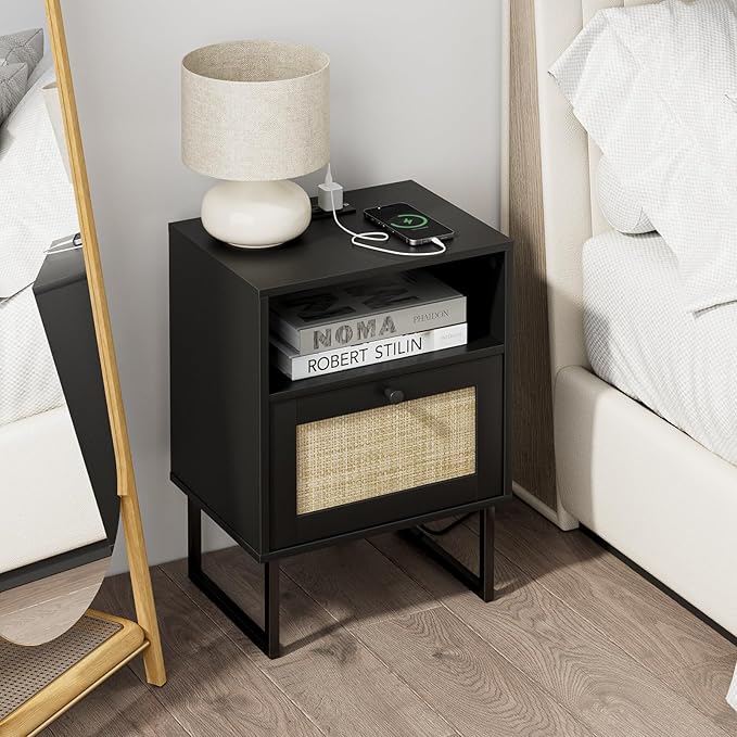 Masupu Rattan Nightstand with Charging Station,Modern Boho Farmhouse Wood Bedside Table with Storage Drawer and Open Shelf,Small Black Frame Side End Table for Bedroom,Living Room,Office (Black)