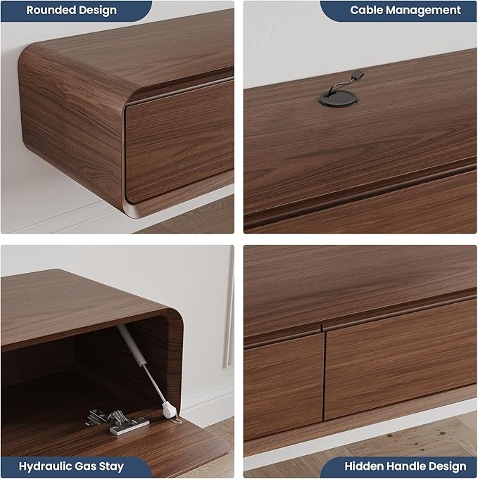 POVISON Fully Assembled Floating TV Stand, 63" Modern TV Stand with Flip-Down Cabinet Doors, Walnut TV Stand, Solid Wood Floating Entertainment Center, Minimalist TV Console