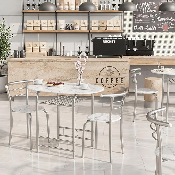Shahoo 3-Piece Wooden Dining Table Set, Kitchen Breakfast Nook Sets with 2 Chairs & Round Tabletop, Space Saving Furniture Metal Frame and Built-in Wine Rack, Marble White