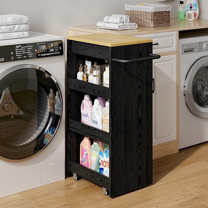 IRONCK Wood Storage Cart, 4 Tier Rolling Kitchen Cart on Wheels, Slide Out Utility Cart, Organizer Trolley with Handle, Drawer for Kitchen, Laundry, Bathroom, Black