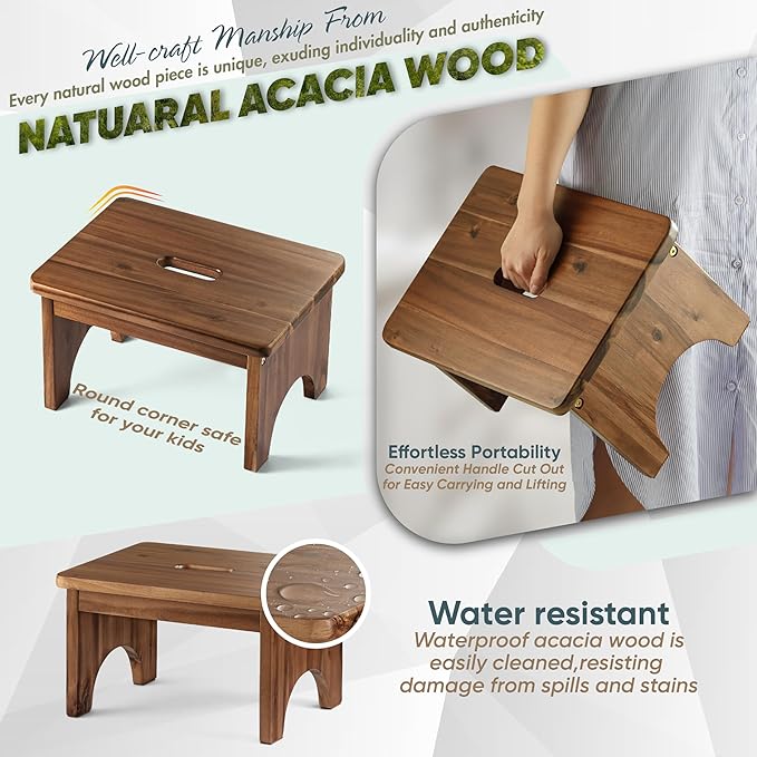 Wooden Step Stool, 9in One Step Stool for Adults, Wooden Beside Step Platform with 550 Load Capacity, Heavy Duty/Portable/Nonslip/Durable Construction Safe Step Support for Bedroom/Home Kitchen