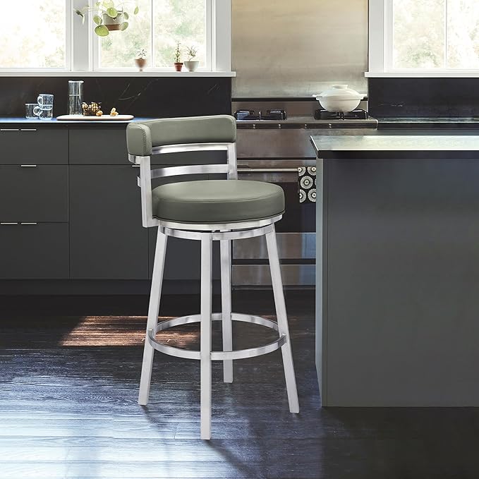 Armen Living Titana 26" Counter Height Swivel Grey Faux Leather and Brushed Stainless Steel Bar Stool