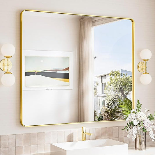 TokeShimi 42x36 Brushed Gold Bathroom Mirror for Over Sink,Bathroom Vanity Mirror with Tempered Glass, Modern Framed Wall Mirrors(Horizontal/Vertical)