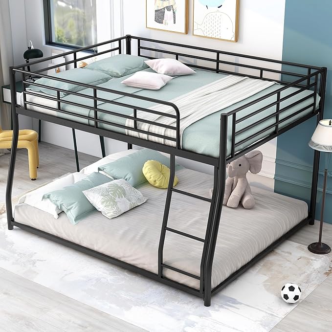Full XL Over Queen Metal Floor Bunk Bed with Sloping Stairs and Safety Guardrails for Bedroom,Guest Rooms, No Box Spring Needed, Simple to Assemble,Black