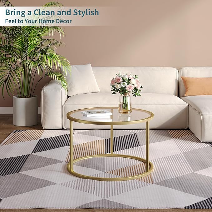SAYGOER Small Glass Coffee Table Round Gold Coffee Table for Small Space Modern Simple Center Table with Gold Frame for Living Room Home Office, Easy Assembly