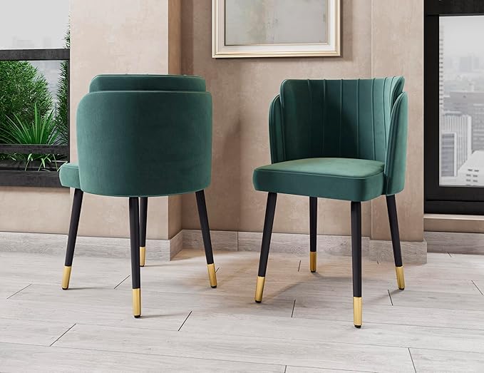 Manhattan Comfort Zephyr Modern Velvet Dining Chair, Solid Wood Frame with Gold-Tipped Splayed Legs, High Density Foam Padding, Vintage Design, Tulip Inspired Accent Furniture, Hunter Green