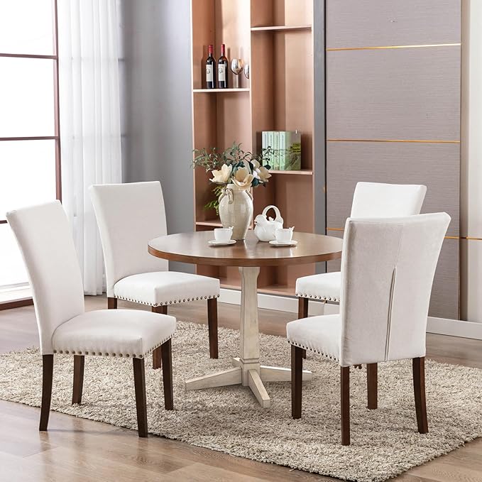COLAMY Upholstered Dining Chairs Set of 4, Parsons Style Linen Beige Accent Chairs with High Back, for Round Kitchen Table or Small Dining Room – Comfortable & Stylish