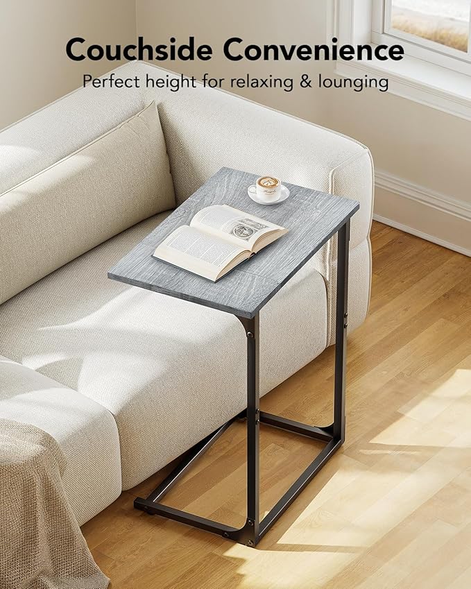Pipishell C-Shaped Side Table, C-Table for Sofa, Couch Table with Metal Frame, Large Surface Sofa Table for Living Room, Bedroom, and Home Office, Rustic Design, PIET11G