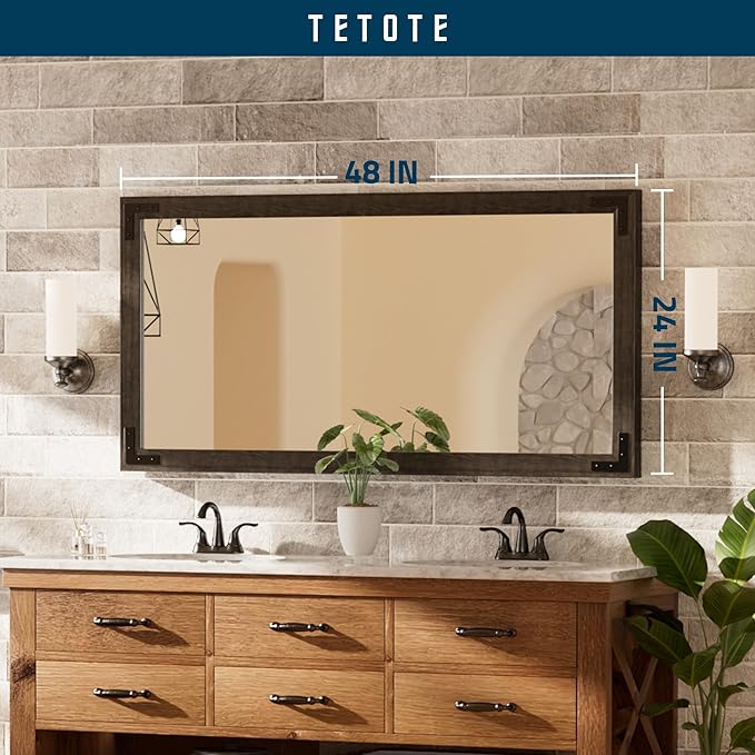 TETOTE 48 x 24 Black Wood Framed Mirror for Bathroom Wall/Bedroom/Living Room/Entryway Farmhouse Rustic Bathroom Vanity Mirror Waterproof (Horizontal/Vertical Mounted)