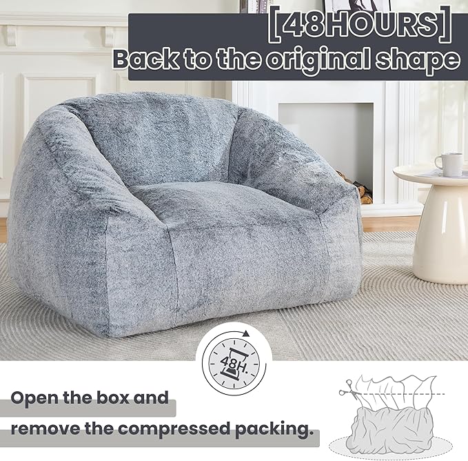 Bean Bag Chairs for Adults, Giant Beanbag Sofa Comfy Reading Chair, Oversized Bean Bag Chairs for Living Room Bedroom, Soft Faux Fur Fabric, 3.2FT, Dark Grey, Plush
