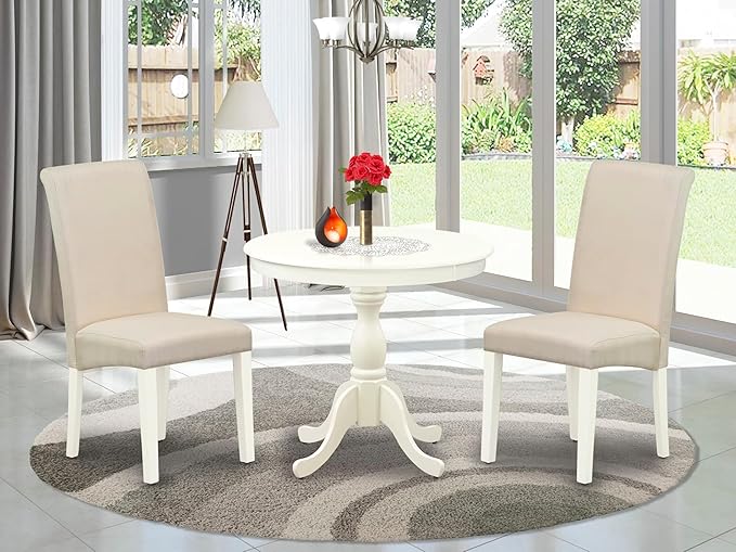 East West Furniture AMBA3-LWH-01 3 Piece Modern Dining Table Set Contains a Round Kitchen Table with Pedestal and 2 Cream Linen Fabric Upholstered Parson Chairs, 36x36 Inch, Linen White