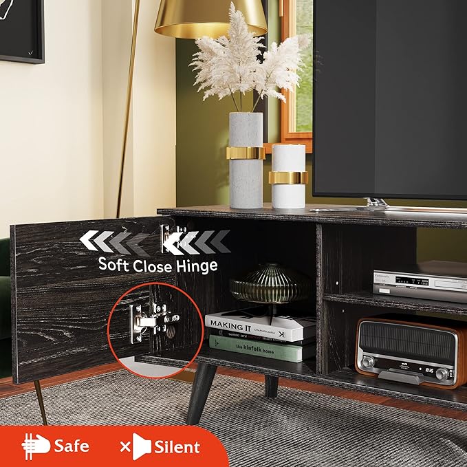 WLIVE TV Stand for 55 60 inch TV, Modern Entertainment Center with Storage Cabinets, Mid Century TV Console Table for Bedroom, TV Stand for Living Room, Charcoal Black