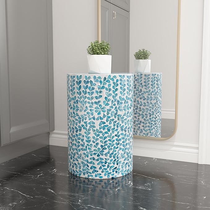 PEMAR Mother of Pearl Inlaid Cylinder Drum End Table Nacre Capiz Shell Side Table Stool Round Coffee Bedside Accent Nightstand and Vanity Stool (Teal Floral)