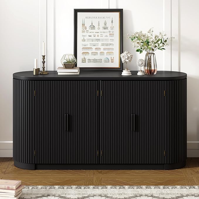 Merax 63" Large Sideboard, Vertical Striped Storage Cabinet with 4 Door, Metal Handles, Adjustable Shelf, Suitable for Study, Entryway and Living Room, Black