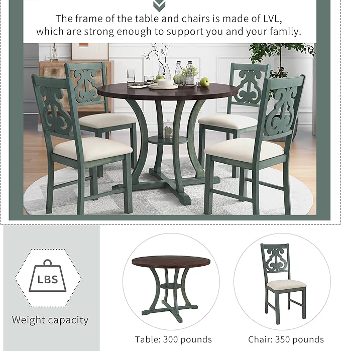 Merax 5 Piece Round Dining Table Set 4 Retro Chairs with Special-Shaped Table Legs, Exquisitely Designed Hollow Chair Back for Dining Room, Antique Blue