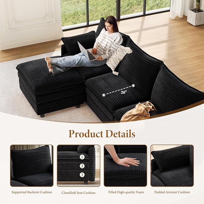Vesgantti 142" U Shaped Sectional Couch, Comfy Cloud Modular Sectional Sofa with 2 Ottoman Deep Seat Corduroy Modern Cloud Sofa, Modular Sofas for Living Room, Bedroom and Apartment, Black