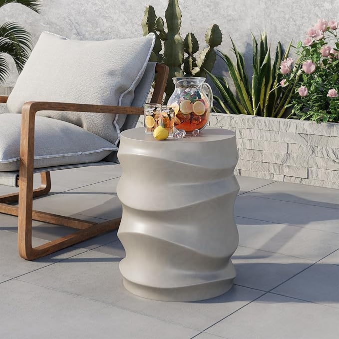 COSIEST Outdoor Side Table, 18''H Patio Concrete Side Accent Table, Streamlined Lightweight Decorative Patio Garden Stools, Plant Stand Drum Tables, Round, Grey