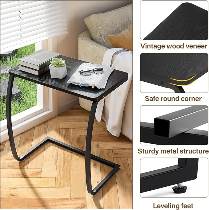 SRIWATANA Side Table, End Table, Vintage C-Shaped Couch Table for Sofa Laptop Coffee Snack, Black