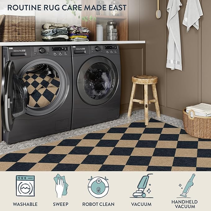 Lahome Checkered Easy Jute Runner Rug, 2x8 Hallway Kitchen Runner Rug Non Slip Washable Outdoor Carpet for Entryway Indoor, Checkerboard Black Indoor Outdoor Carpet for Hallway 8ft Entry