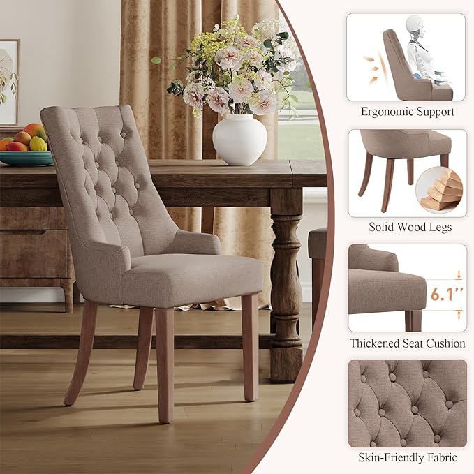 COLAMY Wingback Upholstered Dining Chairs Set of 2, Fabric Side Dining Room Chairs with Tufted Button, Living Room Chairs for Home Kitchen, Taupe