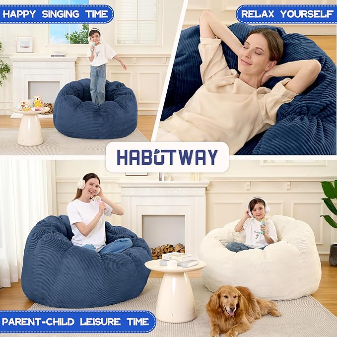 HABUTWAY Giant Bean Bag Chair for Adults/Kids/Teens, Pumpkin Bean Bag Couch Comfy Reading Chair for Bedroom, Corduroy Lazy Sofa Loughe Chair with Wider Seat Depth & Non-Slip Bottom(Blue)