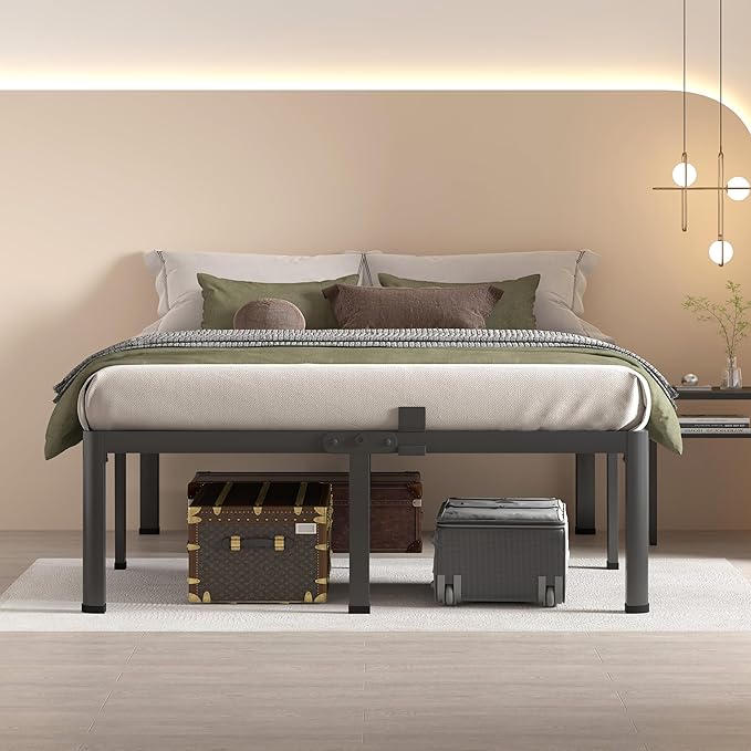 MAF 16 Inch King Size Bed Frame with Round Corner Legs Mattress Slide Stopper No Box Spring Needed Heavy Duty Metal Platform Bed Frames Under-Bed Storage Space, 3000 LBS Steel Slats Support