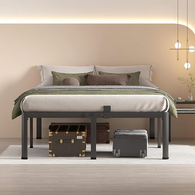 MAF 16 Inch California King Bed Frame with Round Corner Legs Mattress Slide Stopper No Box Spring Needed Heavy Duty Metal Platform Bed Frames, 3000 LBS Steel Slats Support