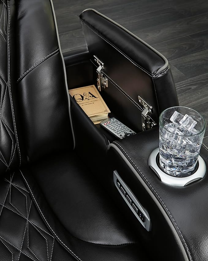 Signature Design by Ashley Boyington Modern Leather Match Power Reclining Loveseat with Console, Adjustable Headrest, Massage, Heated Seat and LED Lights, Black
