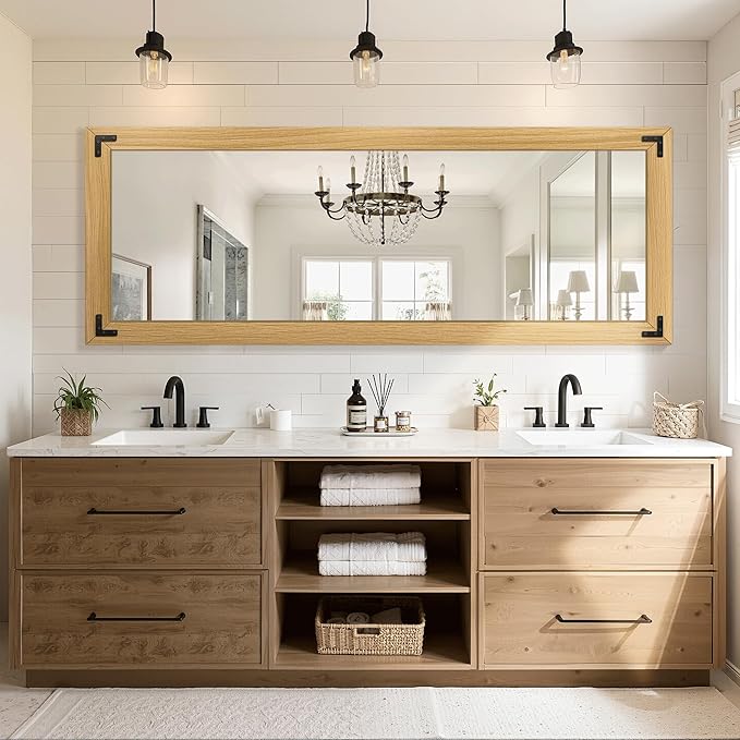 Full Length Mirror with Wooden Frame, 65"X24" Solid Wood Standing Floor Mirror for Farmhouse, Bathroom, Bedroom, Hanging or Leaning Wall-Mounted(Natural)