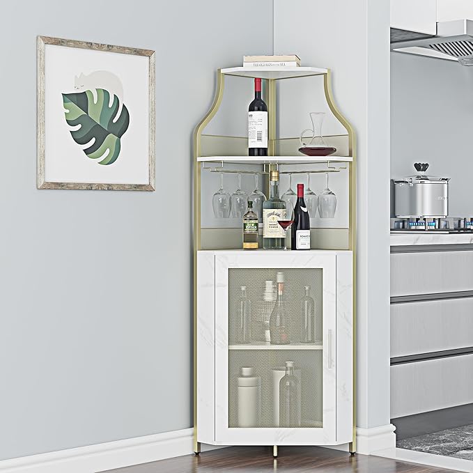 GarveeHome Corner Wine Cabinet with Detachable Wine Rack, 5-Tier Industrial Corner Bar Cabinet with Barn Door and Glass Holder, Farmhouse Buffet Cabinet and Home Bar, Gold