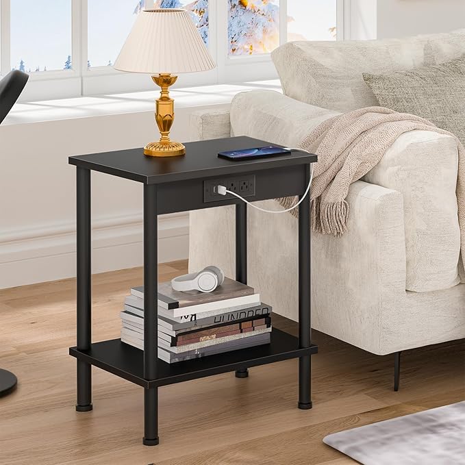End Table with Charging Station,Small Side Table,2-Tier Nightstand with Storage Shelf,Sofa Bedside Table for Small Spaces in Living Room,Bedroom,Office,Easy Assembly,Black