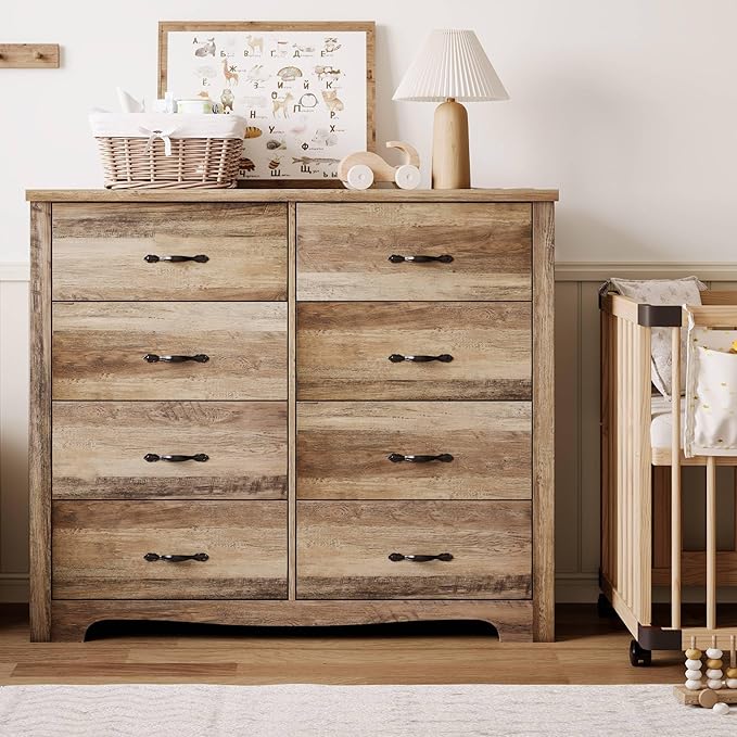 LINSY HOME 8 Drawers Dresser for Bedroom, 47" Wide Wood Dressers & Chests of Drawers, 40" Tall Modern Farmhouse Storage Dresser with Antique Handles for Closet, Living Room, Hallway, Rustic Brown