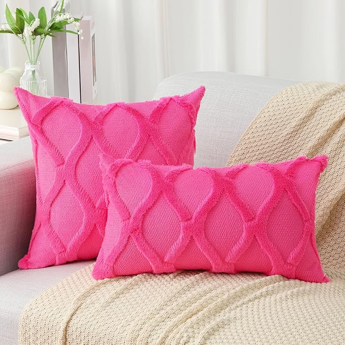 decorUhome Throw Pillow Covers 26x26 Inch Set of 2, Soft Plush Faux Fur Wool Hot Pink Couch Pillow Covers, Decorative Neutral Pillow Cases for Bed Sofa Living Room Home Decor
