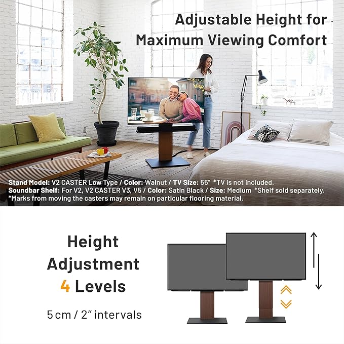 WALL V2 Caster Low Type | Minimalist Rolling TV Stand for 32–60 Inch | Walnut | Portable, Space Saving, Height Adjustable, No Drill | for Living Room and Bedroom | Japanese Design & Engineering