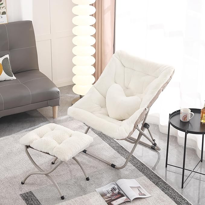 Saucer Chair with Ottoman, Comfy Oversized Folding Chair, Faux-Fur Reading Chair for Adults, Foldable Accent Lazy Chair, Metal Frame Lounge Chair for Living Room, Bedroom, Beige