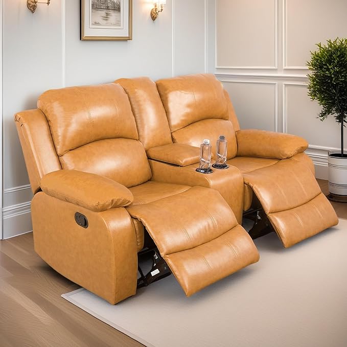 Loveseat Recliner Sofa, Reclining Loveseat Leather Couch with Storage Console, Modern Comfy Home Theater Seating Power Recliner Chair with Cup Holders for Living Room Furniture Sets, Orange
